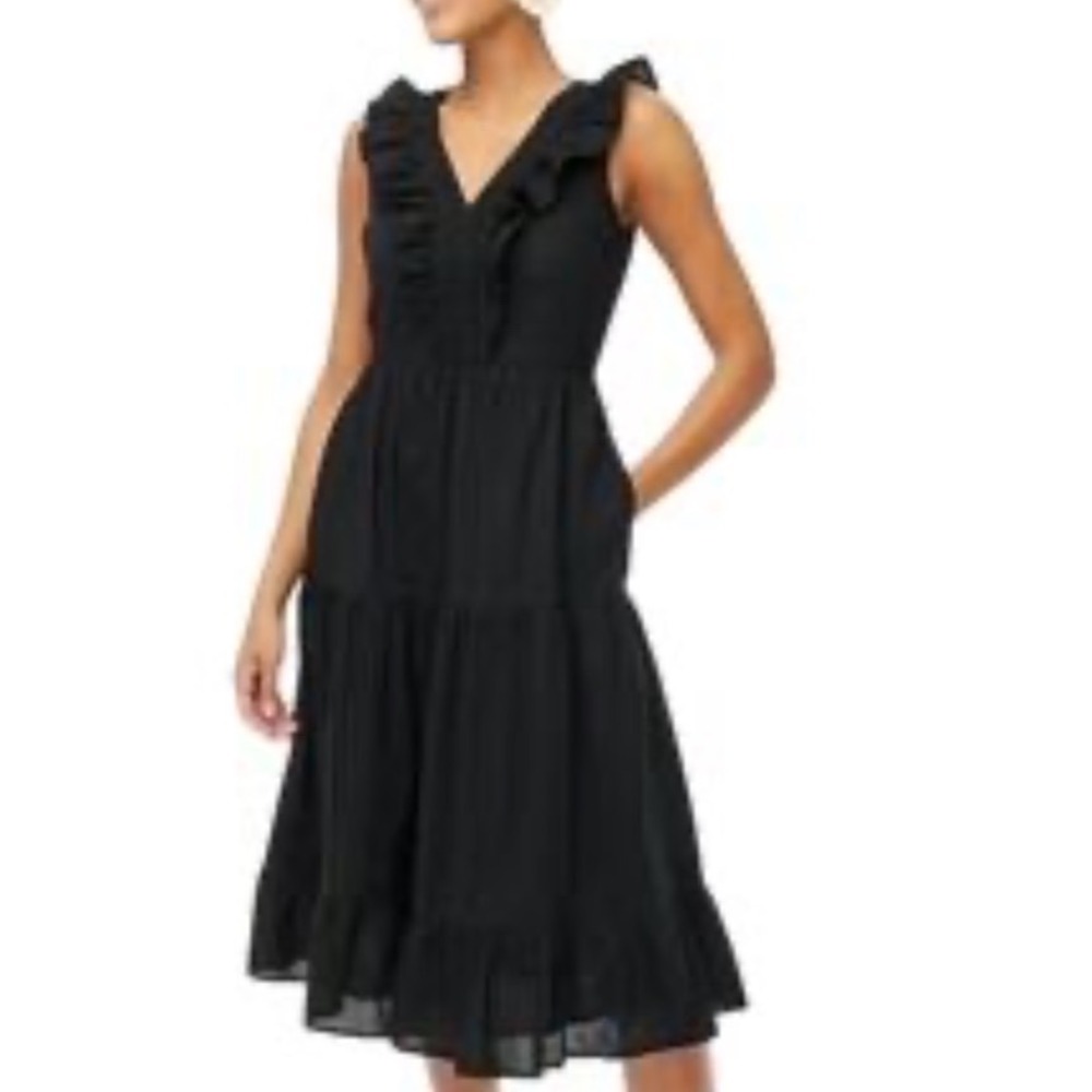 J Crew Black‎  Tiered Midi Dress Ruffle V Neck Sleeveless Smocked Size 2